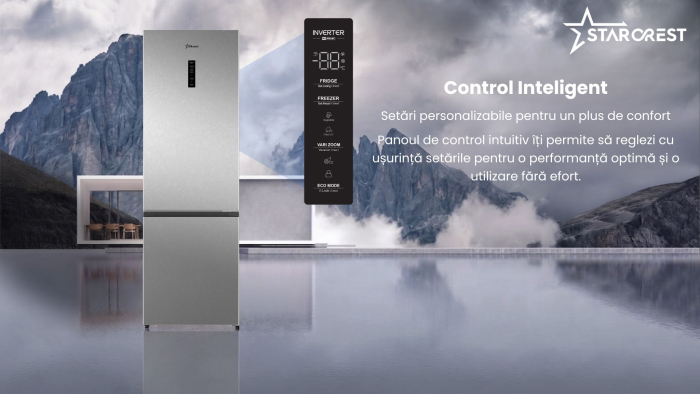 Combina frigorifica STARCREST SCN-405D-IX, 405 L, Total NoFrost, Clasa E, Display digital, Iluminare LED, Suprafata inox antiamprenta, Usi reversibile, H 185.5 cm, Inox [7]