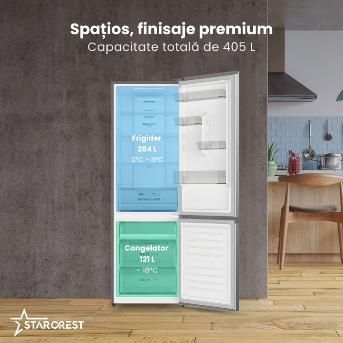 Combina frigorifica STARCREST SCN-405D-IX, 405 L, Total NoFrost, Clasa E, Display digital, Iluminare LED, Suprafata inox antiamprenta, Usi reversibile, H 185.5 cm, Inox [3]