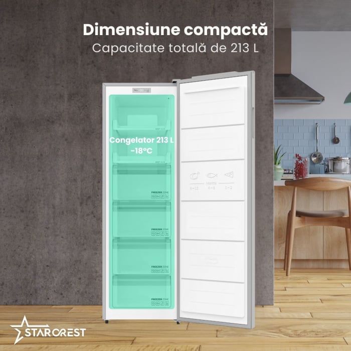 Congelator NoFrost STARCREST SUF-213NF-IX, 213 L, Clasa E, 6 Compartimente, Termostat Digital, Usi reversibile, H 170.7 cm, Inox [3]