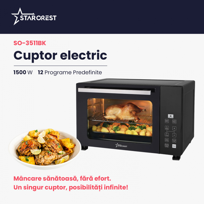 Cuptor electric STARCREST SO-3511BK, 35L, 1500W, Rotisor, Convectie, 12 Programe predefinite, Interfata digitala, Negru [2]