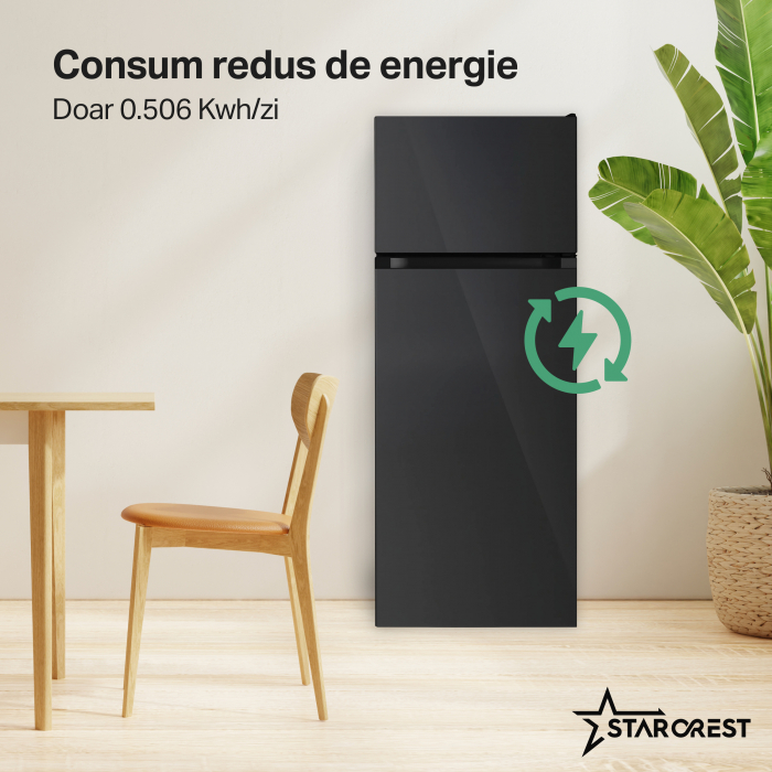 Frigider cu 2 usi STARCREST SF-208GLS-BK, 208 L, Clasa E, Iluminare LED, Usi reversibile, H 140 cm, Sticla Neagra [4]