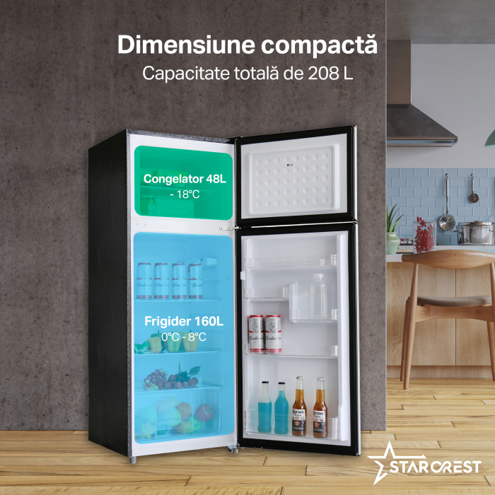 Frigider cu 2 usi STARCREST SF-208GLS-BK, 208 L, Clasa E, Iluminare LED, Usi reversibile, H 140 cm, Sticla Neagra [3]