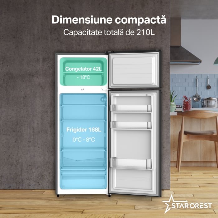 Frigider cu 2 usi STARCREST SF-210DX-E, 210 L, Clasa E, Iluminare LED, Termostat Ajustabil, Usi reversibile, H 143 cm, Inox Negru [3]