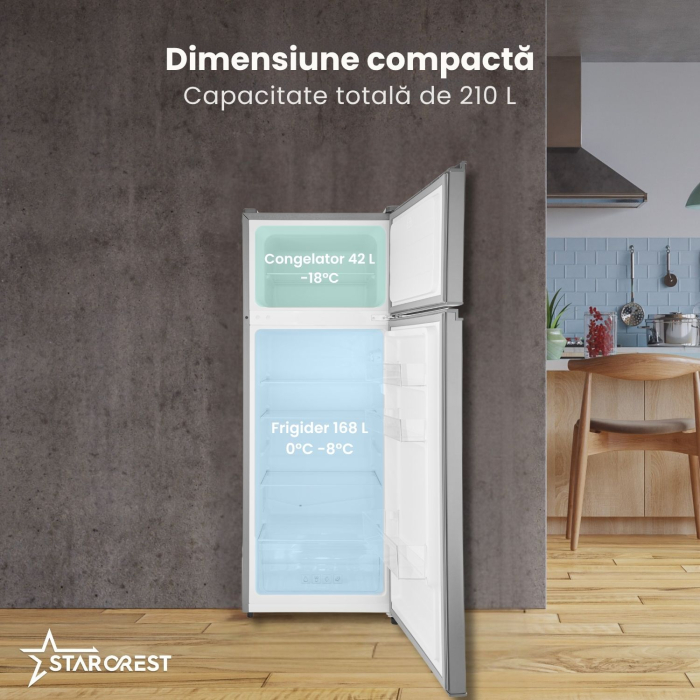 Frigider cu 2 usi STARCREST SF-210DX-E, 210 L, Clasa E, Iluminare LED, Termostat Ajustabil, Usi reversibile, H 143 cm, Inox Negru [3]