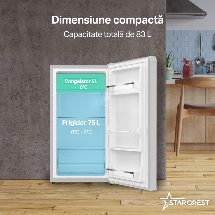 Frigider cu o usa STARCREST SF-83IX-E, Clasa E, Capacitate 83L, Iluminare interioara, Compartiment gheata, H 85 cm, Inox [3]