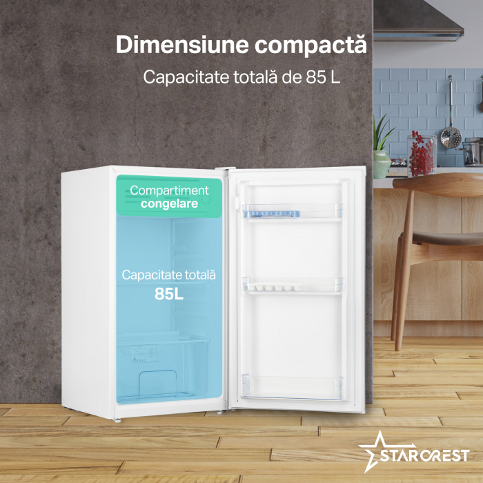 Frigider cu o usa STARCREST SF-85WH-E, Clasa E, Capacitate 85L, Iluminare interioara, Compartiment gheata, H 82 cm, Alb [3]
