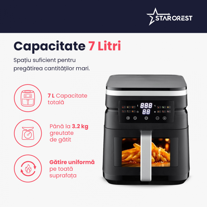 Friteuza cu aer cald STARCREST SFR-7020WBK, 7 Litri,  2 Elemente incalzire superioara / inferioara, 2000 W, Termostat 80 - 200 °C, 12 programe predefinite, Negru [6]