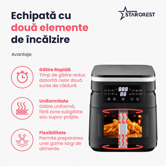 Friteuza cu aer cald STARCREST SFR-7020WBK, 7 Litri,  2 Elemente incalzire superioara / inferioara, 2000 W, Termostat 80 - 200 °C, 12 programe predefinite, Negru [9]
