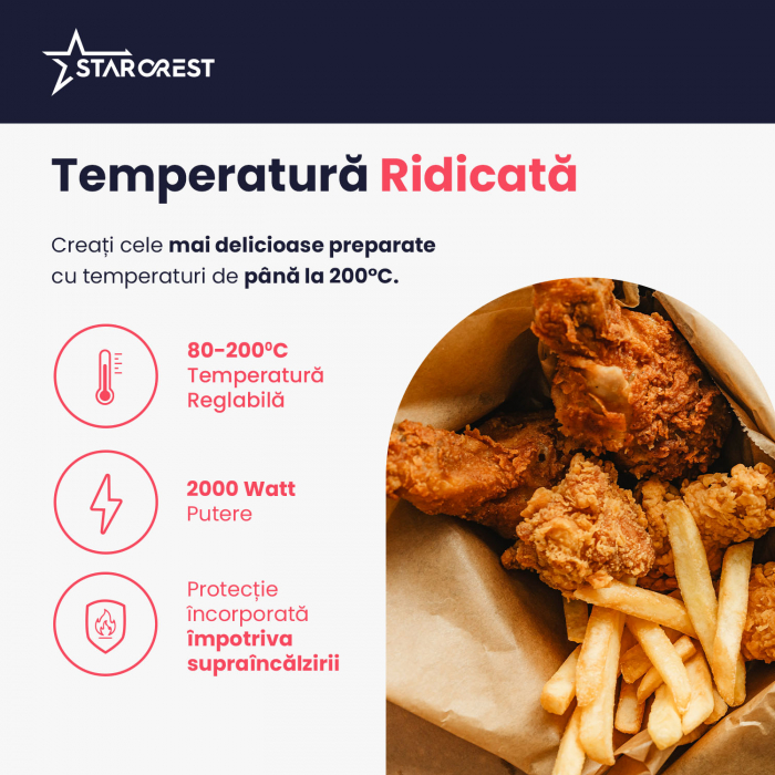Friteuza cu aer cald STARCREST SFR-7020WBK, 7 Litri,  2 Elemente incalzire superioara / inferioara, 2000 W, Termostat 80 - 200 °C, 12 programe predefinite, Negru [4]