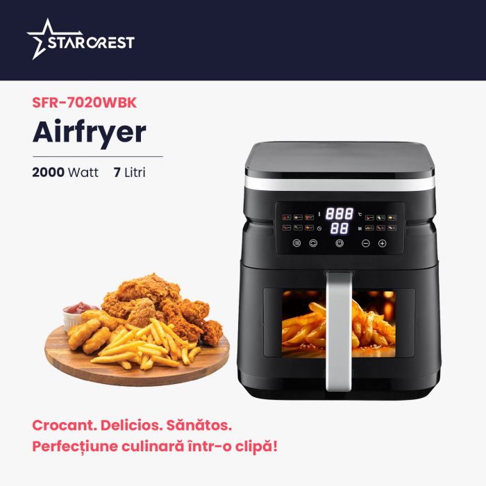 Friteuza cu aer cald STARCREST SFR-7020WBK, 7 Litri,  2 Elemente incalzire superioara / inferioara, 2000 W, Termostat 80 - 200 °C, 12 programe predefinite, Negru [2]