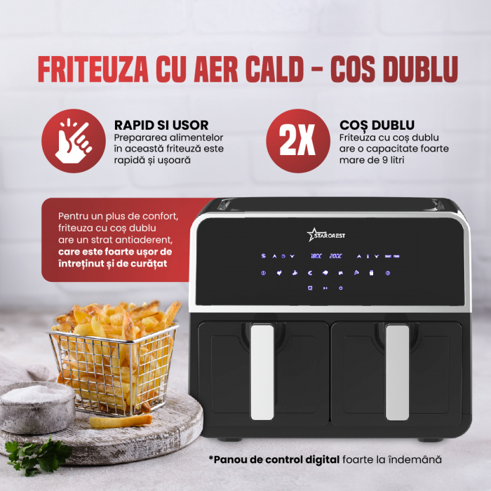 Friteuza cu aer cald STARCREST SFR-9200BK, 1800 W, Cos Dublu, 9 litri, Termostat 80 - 200 °C, 8 programe predefinite, Negru [3]