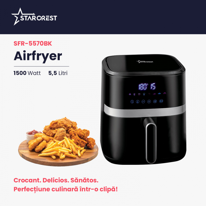 Friteuza digitala cu aer cald STARCREST SFR-5570BK, 1500 W, 5.5 Litri, Termostat 80 - 200 °C, 8 programe predefinite, Negru [2]