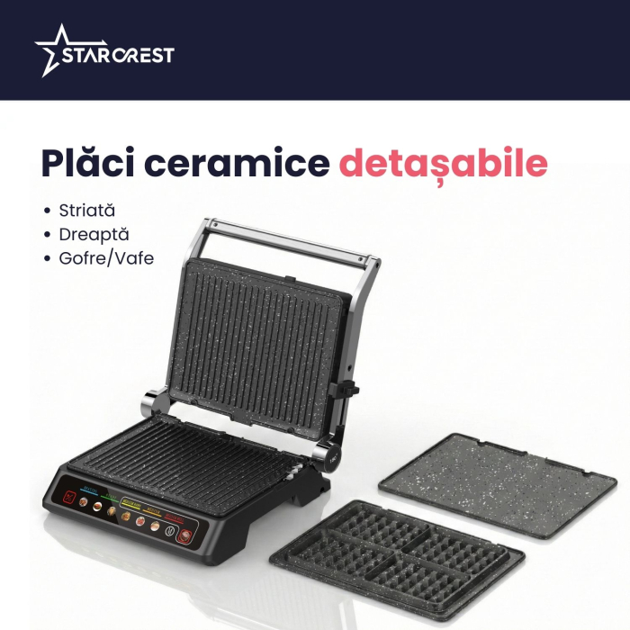 Gratar electric 3 in 1 STARCREST SGR-3023CD, 2000 W, 3 tipuri de placi detasabile cu invelis ceramic, Control digital, 7 moduri de gătire presetate, Suprafata de gatire 30 x 23 cm, Spatula curatare [4]