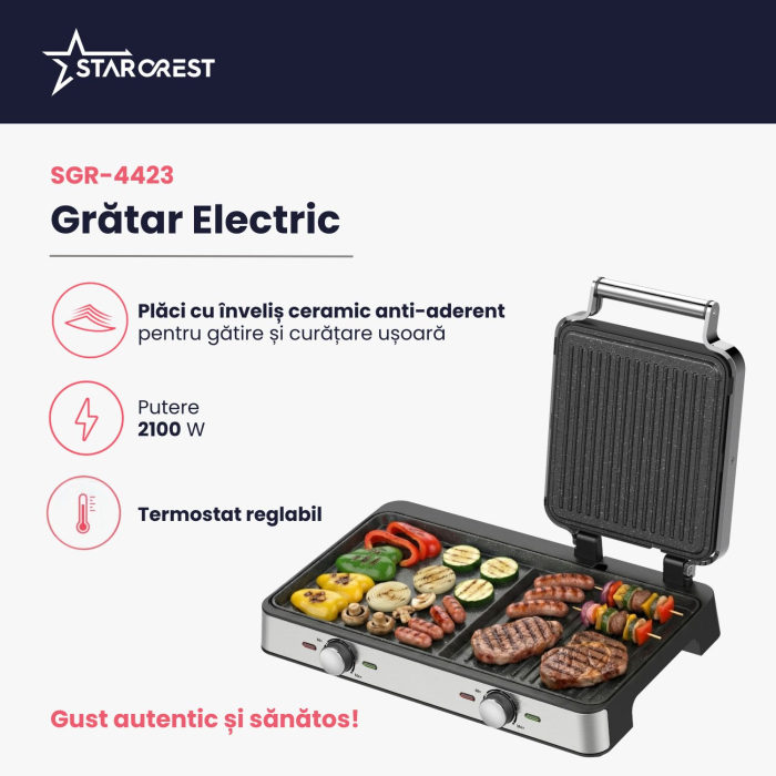 Gratar electric STARCREST SGR-4423, 2100 W, Termostat reglabil, Placi cu invelis ceramic tip grill/neted, Suprafata de gatire 44 x 23.5 cm, Spatula curatare, Negru/Inox [3]