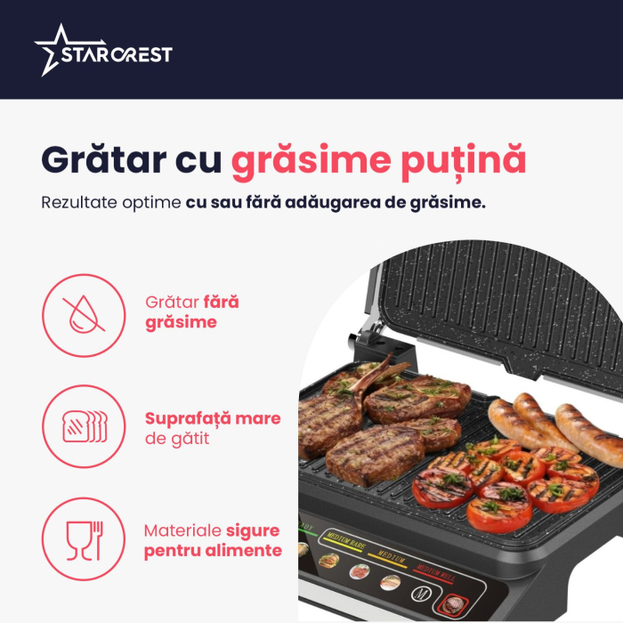 Gratar electric STARCREST SGR-2818CD, 1600 W, Placi detasabile cu invelis ceramic, Control digital, 7 moduri de gătire presetate, Deschidere la 180°, Suprafata de gatire 28.8 x 18.4 cm, Spatula curata [4]