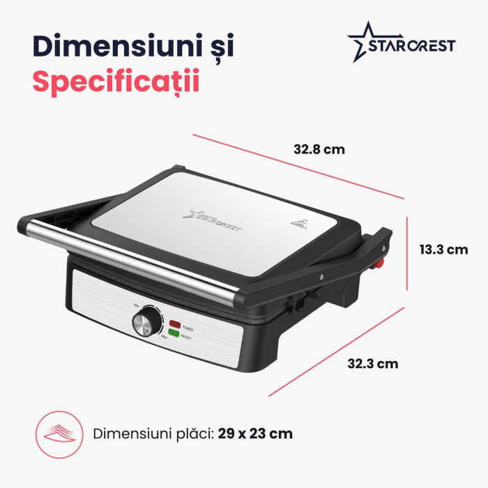 Gratar electric STARCREST SGR-2923, 2200 W, Placi grill cu invelis ceramic, Termostat reglabil, Deschidere la 180°, Suprafata de gatire 29 x 23 cm, Spatula curatare, Negru/Inox [9]