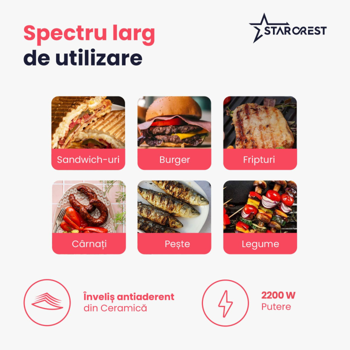 Gratar electric STARCREST SGR-2923, 2200 W, Placi grill cu invelis ceramic, Termostat reglabil, Deschidere la 180°, Suprafata de gatire 29 x 23 cm, Spatula curatare, Negru/Inox [3]