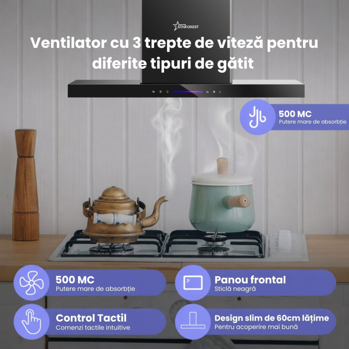 Hota incorporabila decorativa STARCREST SDH-6100BK, Putere de absorbtie 500 m3/h, Control touch, Iluminare LED, Clasa A+, 60cm, Negru + Sticla neagra [2]