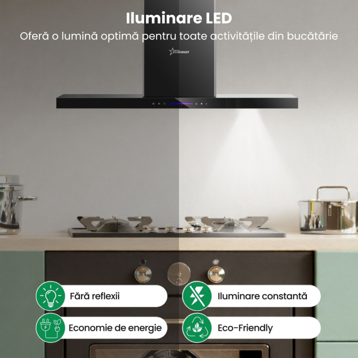 Hota incorporabila decorativa STARCREST SDH-9100BK, Putere de absorbtie 500 m3/h, Control touch, Iluminare LED, Clasa A+, 90cm, Negru + Sticla neagra [3]
