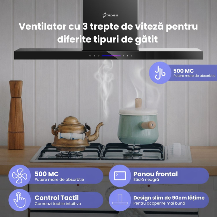 Hota incorporabila decorativa STARCREST SDH-9100BK, Putere de absorbtie 500 m3/h, Control touch, Iluminare LED, Clasa A+, 90cm, Negru + Sticla neagra [2]
