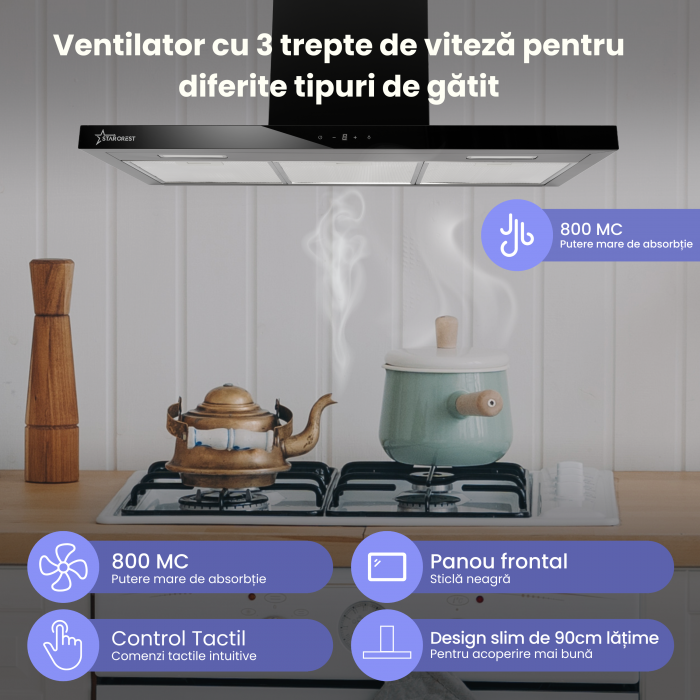 Hota incorporabila decorativa STARCREST SDH-9100X, Putere de absorbtie 800 m3/h, Control touch, Iluminare LED, Clasa B, 90cm, Negru + Sticla neagra [2]