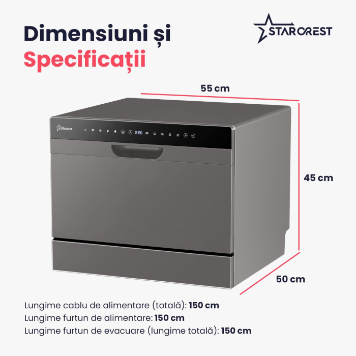 Masina de spalat vase STARCREST SDW-601-SL, 6 seturi, 5 programe, Clasa D, Panou control sticla neagra, Panou comanda digital, Mod Eco, Instalare Flexibila, Gri [8]
