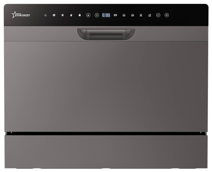 Masina de spalat vase STARCREST SDW-601-SL, 6 seturi, 5 programe, Clasa D, Panou control sticla neagra, Panou comanda digital, Mod Eco, Instalare Flexibila, Gri