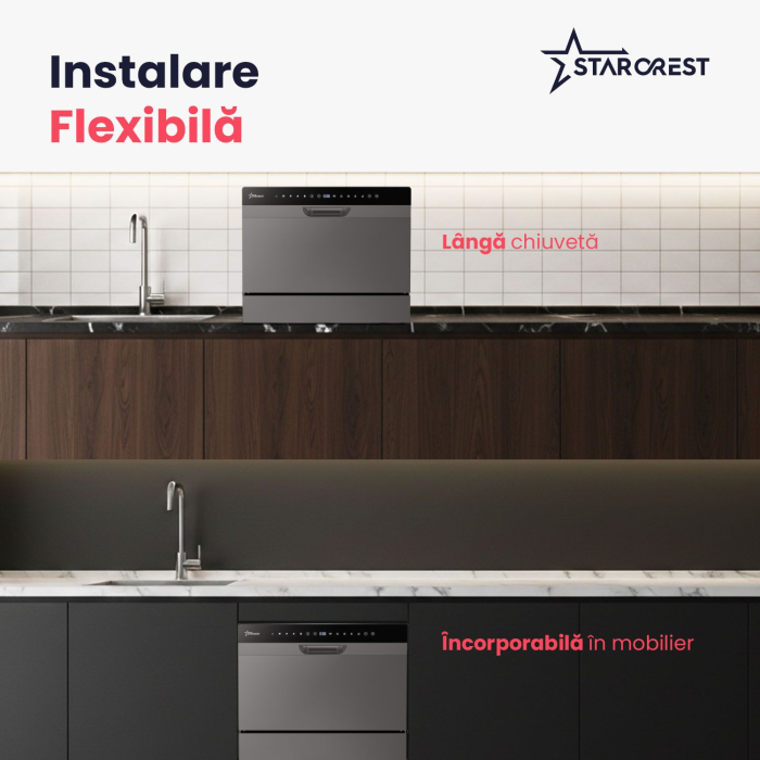 Masina de spalat vase STARCREST SDW-601-SL, 6 seturi, 5 programe, Clasa D, Panou control sticla neagra, Panou comanda digital, Mod Eco, Instalare Flexibila, Gri [4]