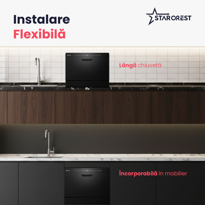 Masina de spalat vase STARCREST SDW-602-BK, 6 seturi, 5 programe, Clasa D, Panou frontal sticla neagra, Panou comanda digital, Mod Eco, Instalare Flexibila, Negru [4]