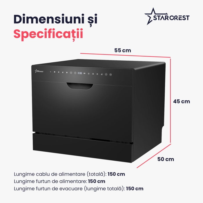 Masina de spalat vase STARCREST SDW-602-BK, 6 seturi, 5 programe, Clasa D, Panou frontal sticla neagra, Panou comanda digital, Mod Eco, Instalare Flexibila, Negru [8]