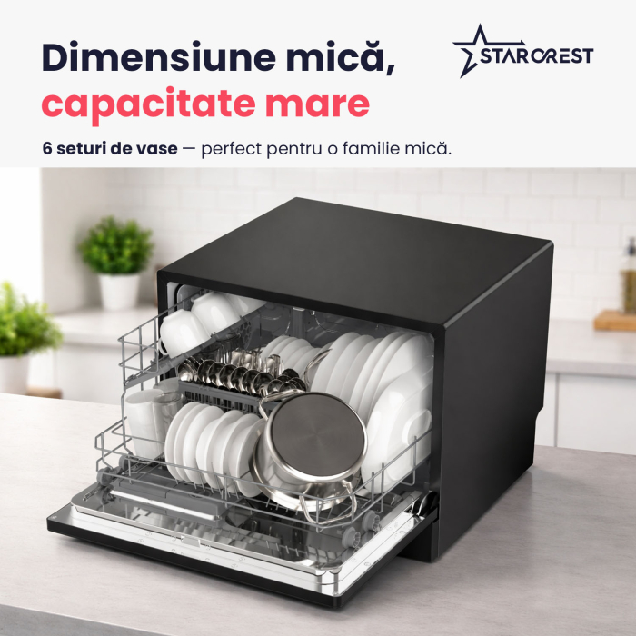 Masina de spalat vase STARCREST SDW-602-BK, 6 seturi, 5 programe, Clasa D, Panou frontal sticla neagra, Panou comanda digital, Mod Eco, Instalare Flexibila, Negru [5]