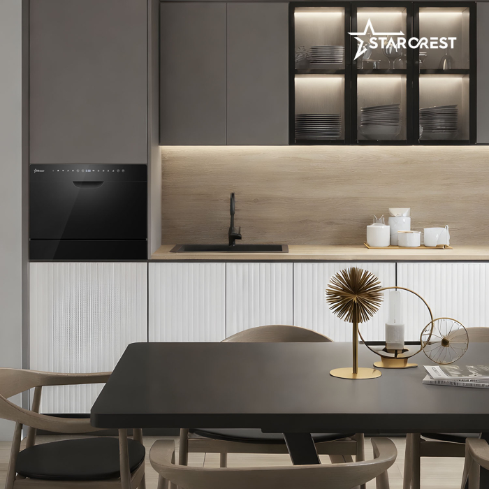 Masina de spalat vase STARCREST SDW-602-BK, 6 seturi, 5 programe, Clasa D, Panou frontal sticla neagra, Panou comanda digital, Mod Eco, Instalare Flexibila, Negru [7]