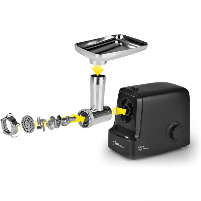 Masina de tocat STARCREST SMG-2000BK, 2000 W, Accesoriu rosii si carnati, 3 site de taiere, Cutit inox, Negru [3]