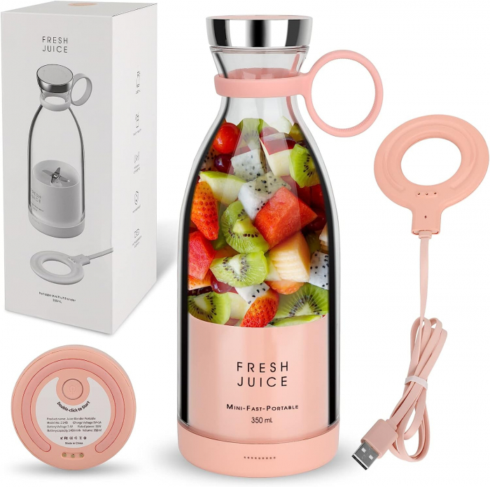 Mini Blender Portabil STARCREST SB-214BPK, Incarcare Wireless, Multifunctional, Auto-curatare, Capacitate 350ml, 4 Lame 3D, Putere 20.000 rpm, Roz [2]