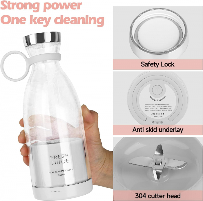 Mini Blender Portabil STARCREST SB-214BWH, Incarcare Wireless, Multifunctional, Auto-curatare, Capacitate 350ml, 4 Lame 3D, Putere 20.000 rpm, Alb [3]