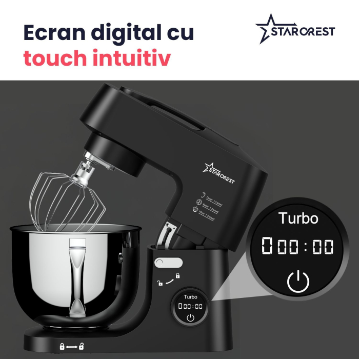 Mixer cu bol de 5L din inox, STARCREST SKM-1650BK, 1.5 kg aluat, putere 1600W, 3 accesorii, 8 viteze + Turbo, Negru [5]