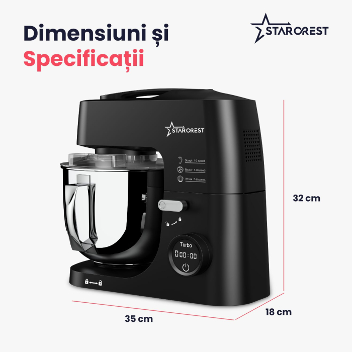 Mixer cu bol de 5L din inox, STARCREST SKM-1650BK, 1.5 kg aluat, putere 1600W, 3 accesorii, 8 viteze + Turbo, Negru [8]