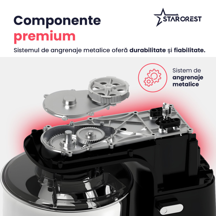 Mixer cu bol de 7L din inox, STARCREST SKM-2070BK, 2.1 kg aluat, putere 2000W, 3 accesorii din inox, 8 viteze + Turbo, Negru [7]