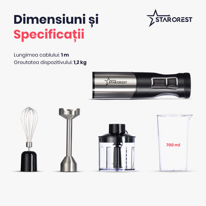 Mixer vertical STARCREST SBS-1509PRO, 1200 W, Chopper, Tel, Pahar gradat, 9 viteze, Turbo, Inox / Negru [8]