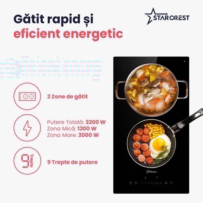 Plita incorporabila STARCREST SEH-30P2, Vitroceramica, 2 zone de gatit, 9 trepte de putere, 3200 W, Slider Touch control, Timer, Sticla Neagra [3]