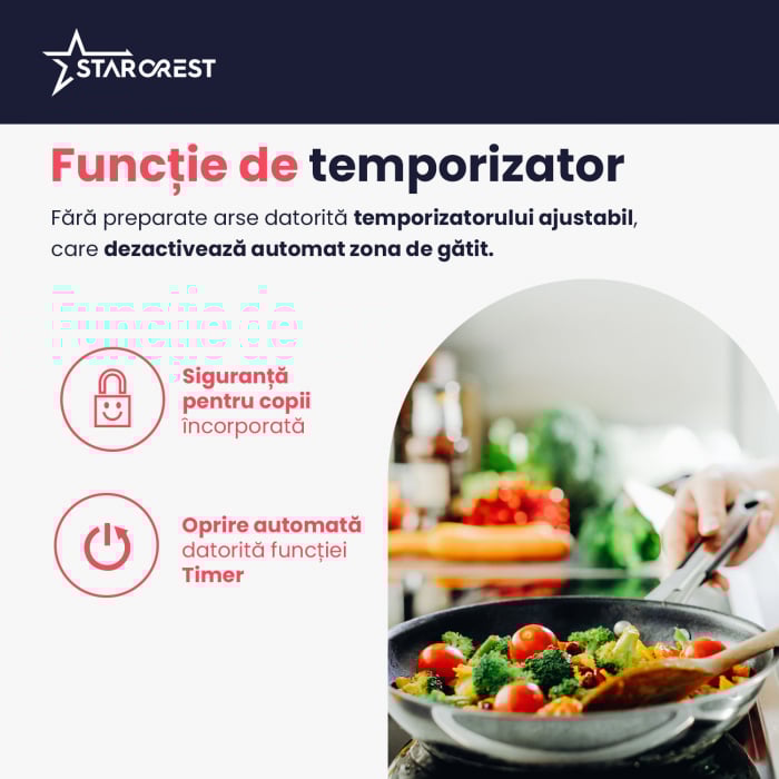 Plita incorporabila STARCREST SEH-30P2, Vitroceramica, 2 zone de gatit, 9 trepte de putere, 3200 W, Slider Touch control, Timer, Sticla Neagra [4]