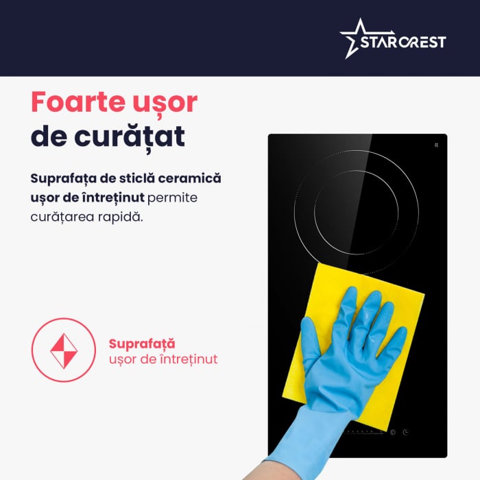 Plita incorporabila STARCREST SEH-30P2, Vitroceramica, 2 zone de gatit, 9 trepte de putere, 3200 W, Slider Touch control, Timer, Sticla Neagra [6]