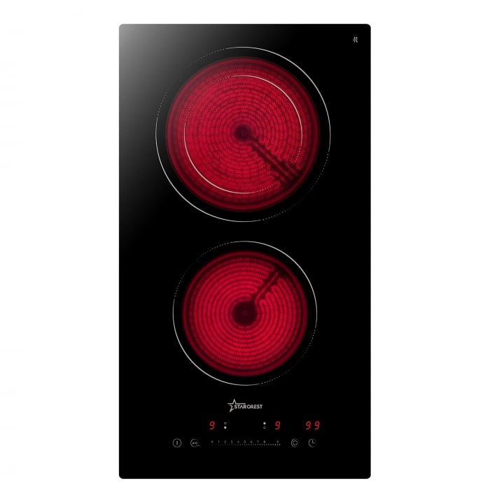 Plita incorporabila STARCREST SEH-30P2, Vitroceramica, 2 zone de gatit, 9 trepte de putere, 3200 W, Slider Touch control, Timer, Sticla Neagra