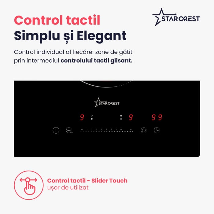 Plita incorporabila STARCREST SEH-30P2, Vitroceramica, 2 zone de gatit, 9 trepte de putere, 3200 W, Slider Touch control, Timer, Sticla Neagra [5]
