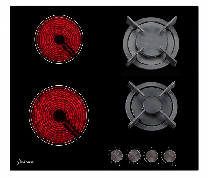 Plita incorporabila STARCREST SEH-HM6042, Mixta, 2 zone gaz, 2 zone vitroceramice, Aprindere electrica, Sticla neagra