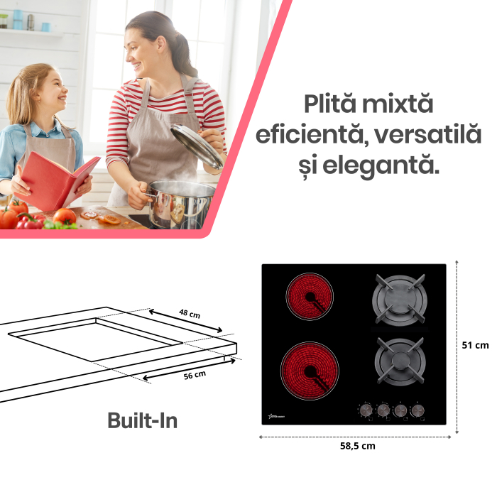 Plita incorporabila STARCREST SEH-HM6042, Mixta, 2 zone gaz, 2 zone vitroceramice, Aprindere electrica, Sticla neagra [2]