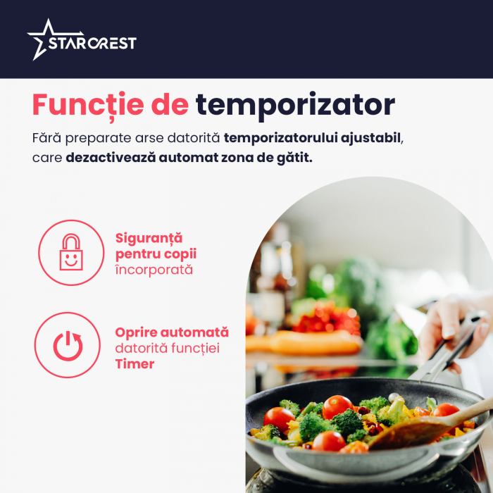 Plita incorporabila STARCREST SIH-3030, Inductie, 3300 W, 2 zone de gatit, 9 trepte de putere, Touch control, Timer, Sticla Neagra [4]