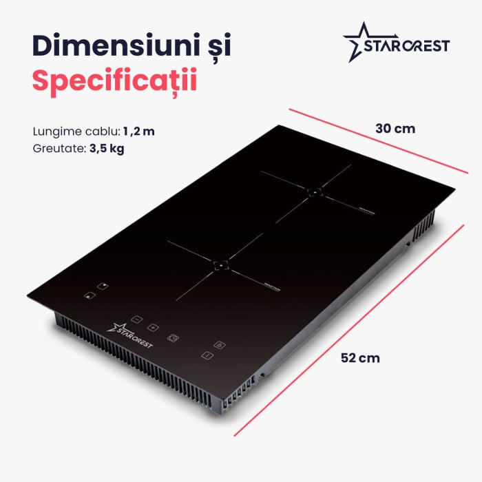 Plita incorporabila STARCREST SIH-3030, Inductie, 3300 W, 2 zone de gatit, 9 trepte de putere, Touch control, Timer, Sticla Neagra [8]