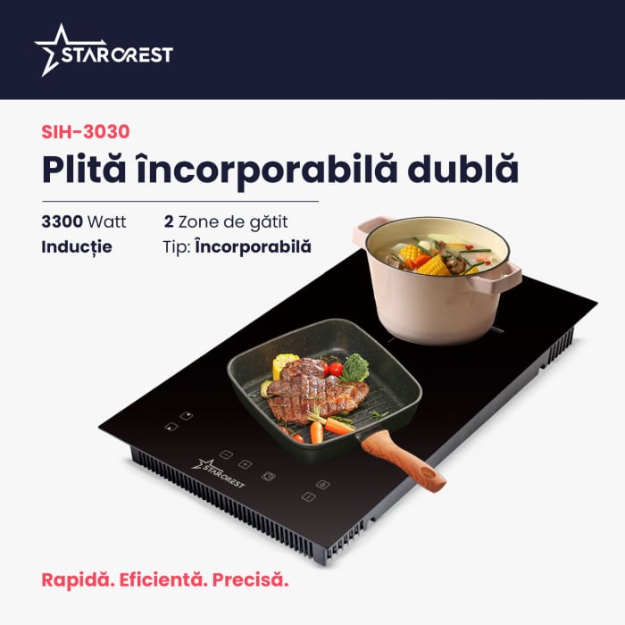 Plita incorporabila STARCREST SIH-3030, Inductie, 3300 W, 2 zone de gatit, 9 trepte de putere, Touch control, Timer, Sticla Neagra [2]
