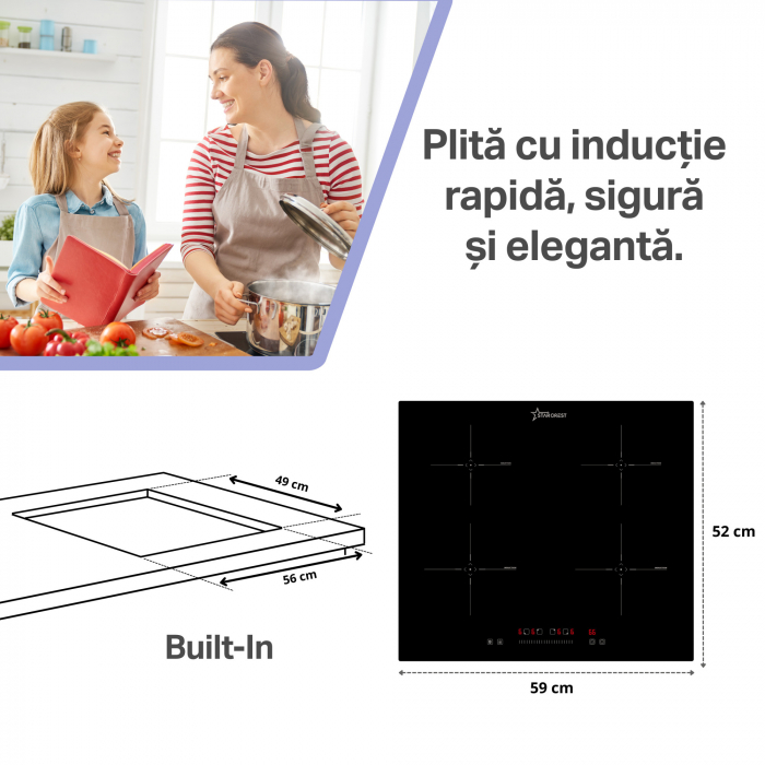 Plita incorporabila STARCREST SIH-6060, Inductie, 4 Zone de gatit, Touch Control, Booster, Timer, Sticla Neagra [2]